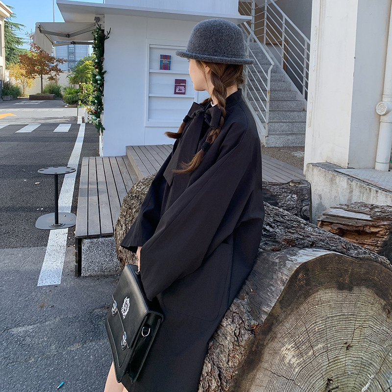 黑色蝴蝶结系带风衣外套女2025春秋季新款韩系学院风减龄流行大衣,女装风衣,2C016