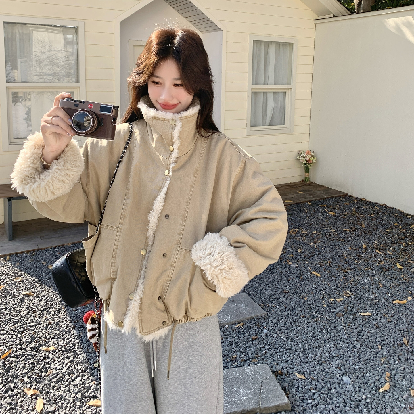 卡其色羊羔毛领派克服女冬小个子加绒加厚宽松棉服高级感保暖外套,女装棉衣/棉服,2C166