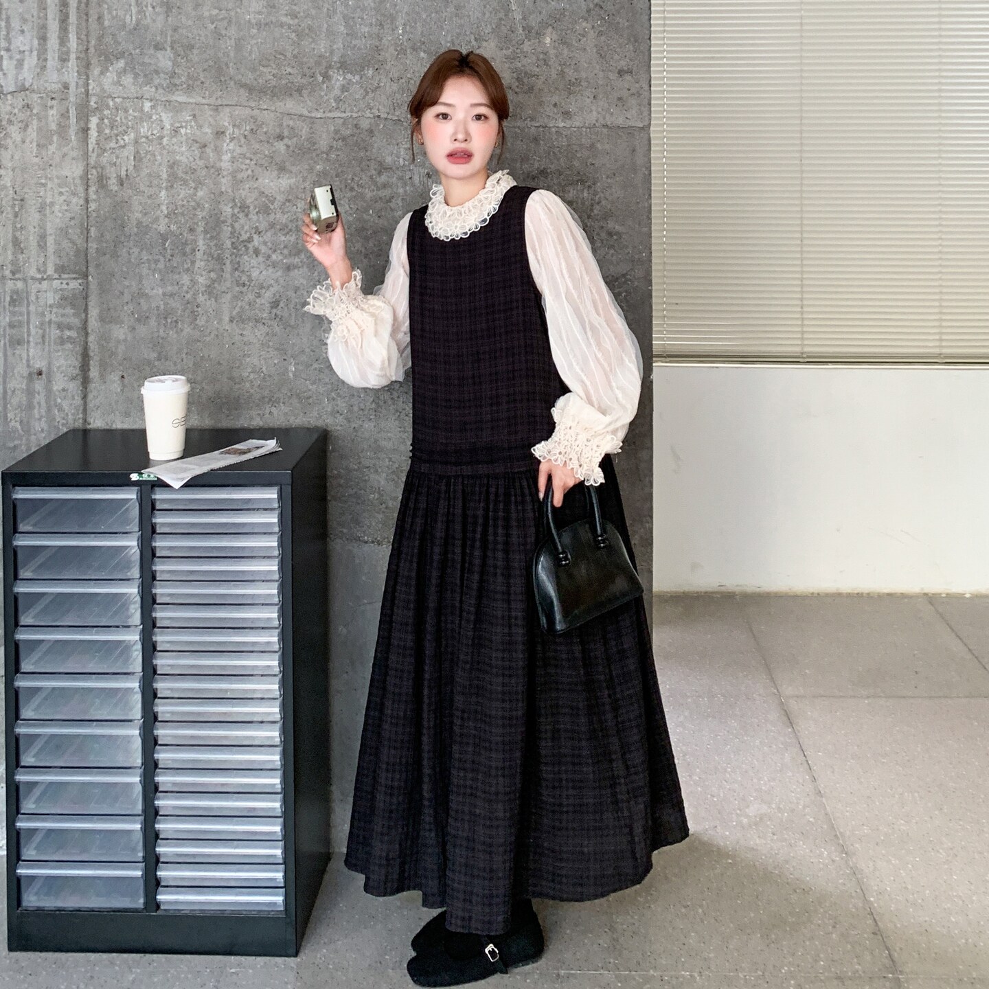秋新款赫本风蕾丝上衣+黑色格子连衣裙两件套2C375-576-P175-K258,女装套装/套裙,2C375