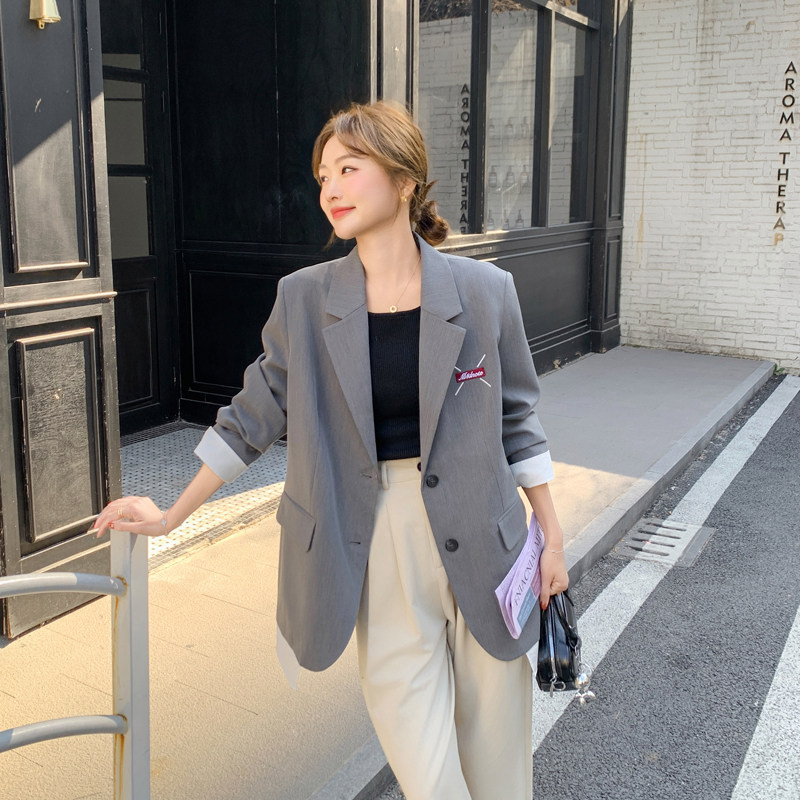 灰色韩版宽松休闲西装外套女2025秋季新款小个子时尚显瘦西服上衣,女装西装,2C092