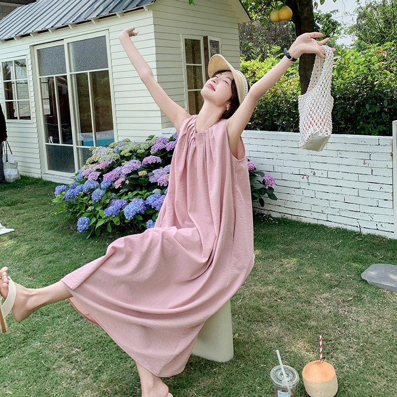 粉色褶皱无袖背心裙女中长款2024夏新款法式宽松甜美温柔风连衣裙,女装连衣裙,2C050