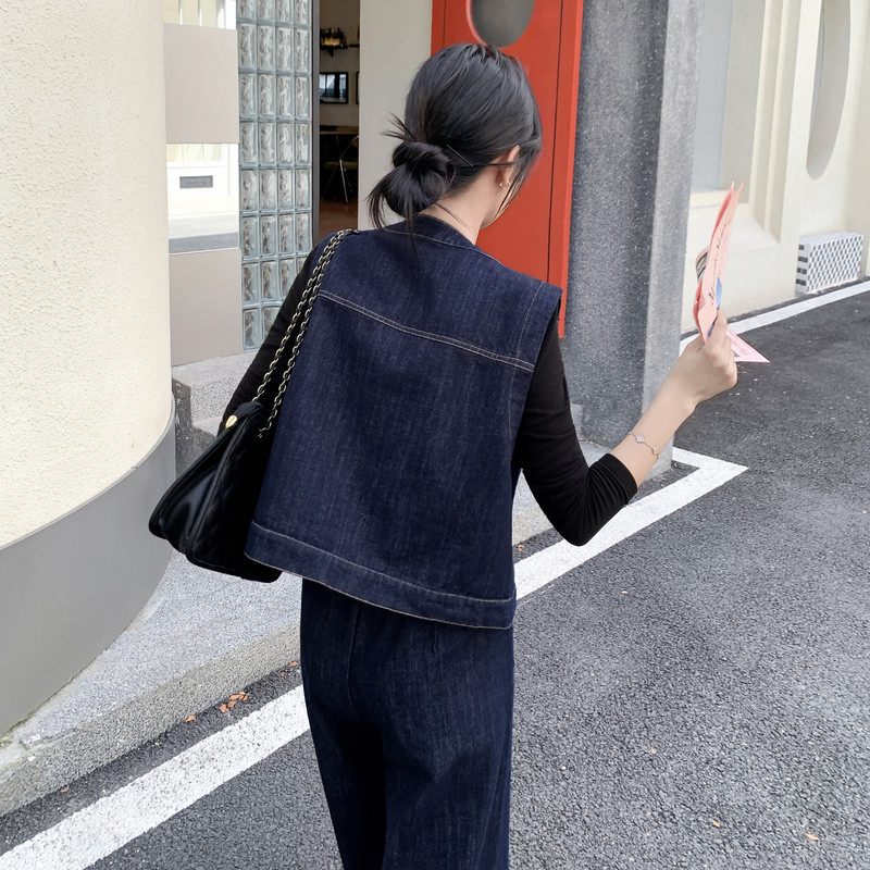 深蓝色淡人水洗牛仔马甲套装2025新款秋季盐韩系高腰阔腿裤三件套,女装套装/套裙,2D013