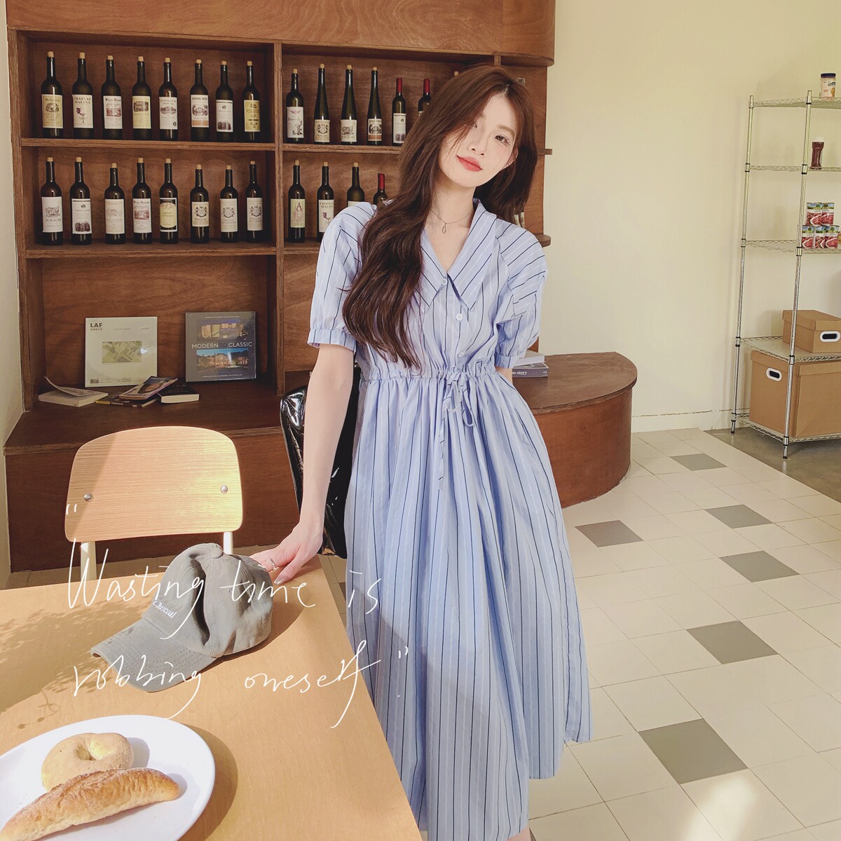 【大货已出】蓝色竖条纹抽绳单排扣连衣裙6673P115控168,女装连衣裙,2C137