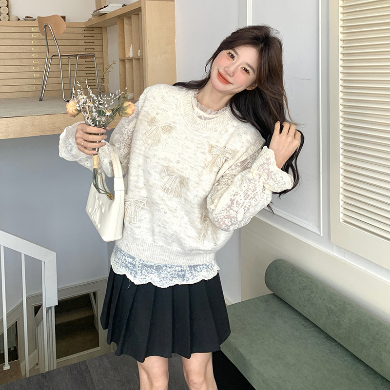 小香风毛衣马甲蕾丝打底套装女2025春秋新款减龄高级感针织两件套图片