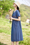 圆领2025年夏季纯色宽松时尚牛仔中长款连衣裙，女装毛呢外套，新感觉