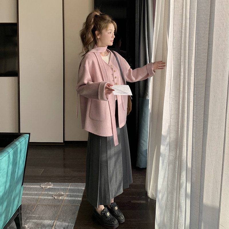 25年粉色韩系飘带V领双面羊毛羊绒时尚外套Y9133-P265-K399,女装毛呢外套,2C291