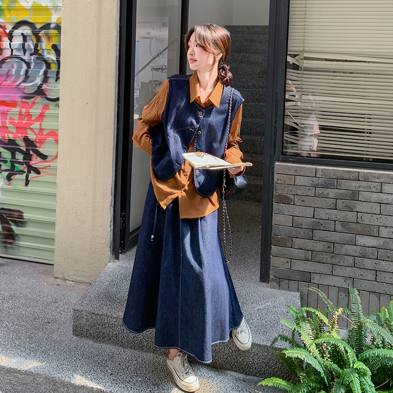 法式复古牛仔套装连衣裙女2025春秋设计感小众慵懒风半身裙三件套,女装套装/套裙,2C166