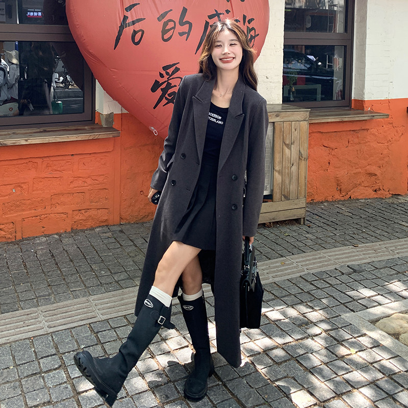 韩版复古气质收腰西装大衣女2025春秋季新款显瘦中长款连衣裙外套,女装短外套,2C131