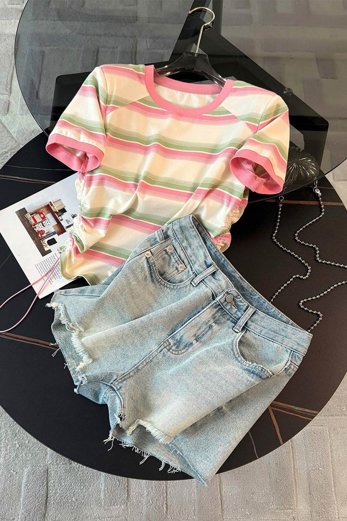 潮流休闲时尚运动套装女夏季新款洋气减龄圆领短袖牛仔短裤两件套,女装套装/套裙,2C310