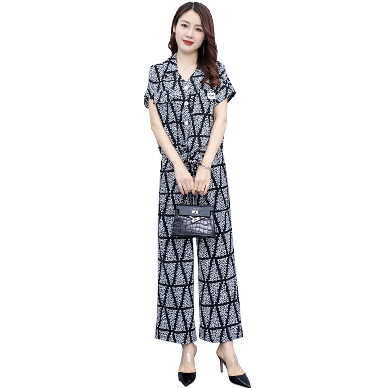 2025年夏季新款休闲时尚显瘦减龄气质印花阔腿裤两件套套装,女装套装/套裙,先锋丽姿
