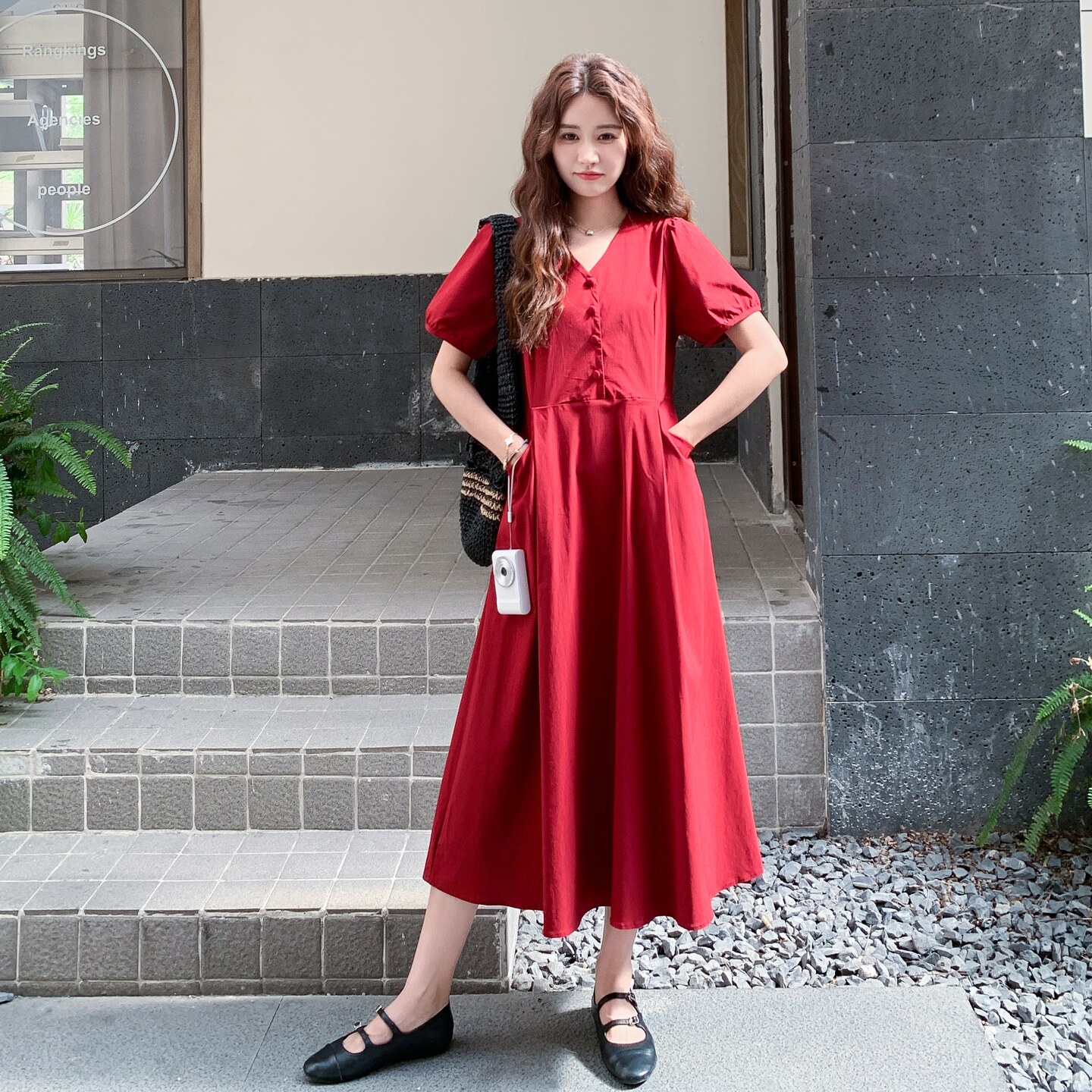 时尚法式酒红色礼服法式夏季V领后妈裙连衣裙收腰V领,女装连衣裙,2C212