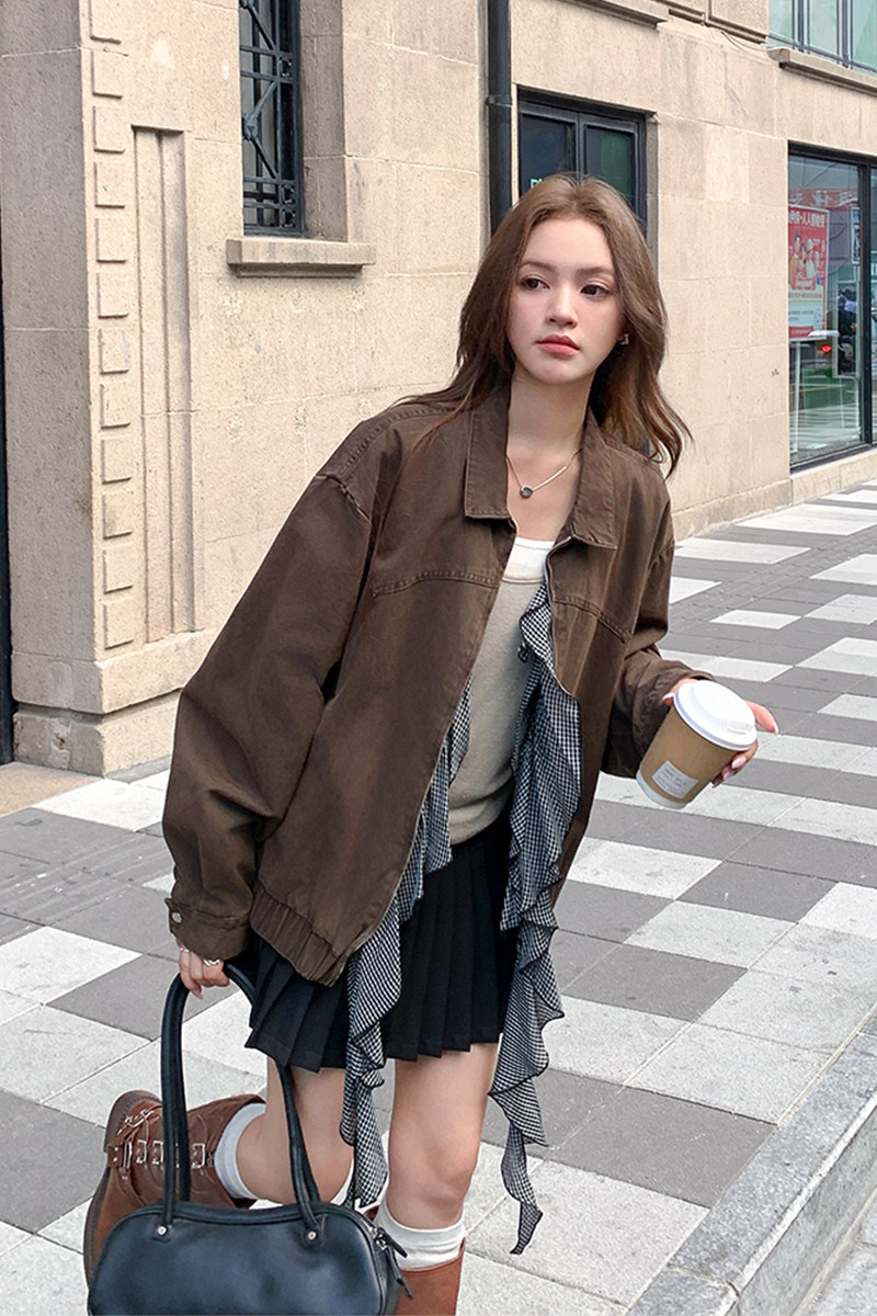 时髦复古可拆卸荷叶边格子拼接外套女秋季2025年新款显瘦工装夹克,女装短外套,2C025