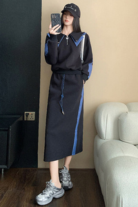女春季拼接色花瓣衣领卫衣长半身裙两件套洋气潮图片