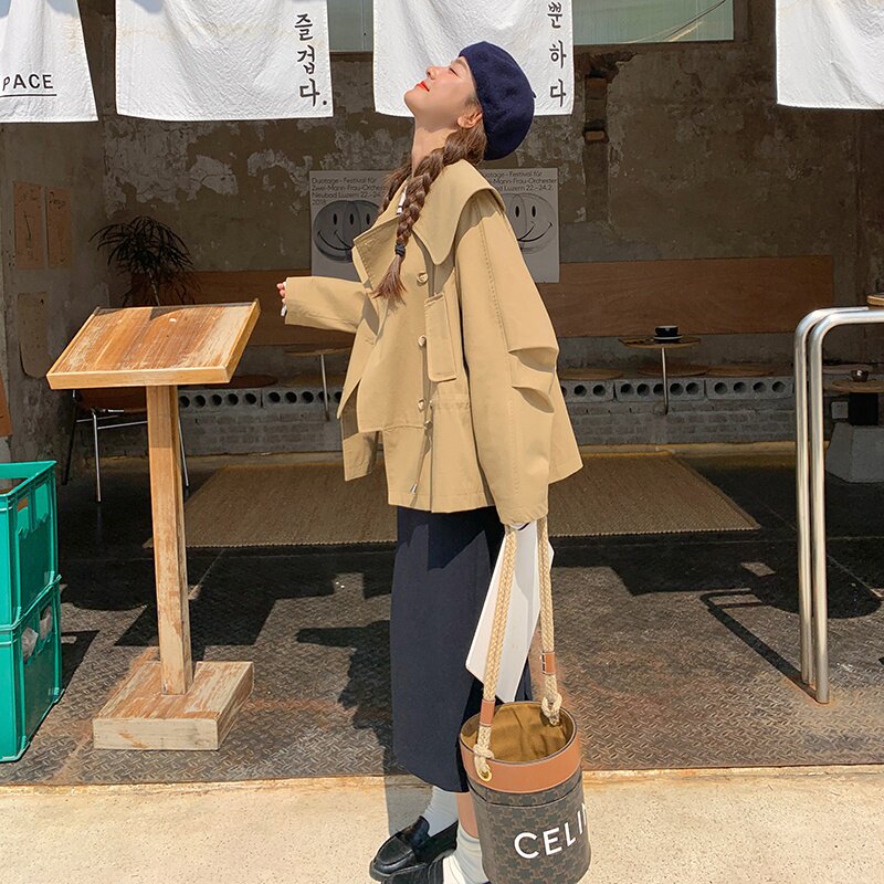大量现货秋季海军领卡其色抽绳风衣2C032902P135K188,女装风衣,2C032