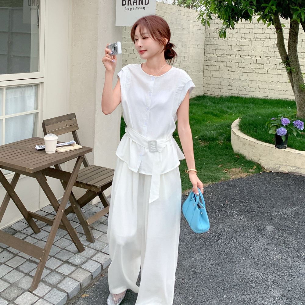 2025夏季新款韩系显瘦上衣阔腿裤两件套女高级感气质通勤时尚套装,女装套装/套裙,2C233