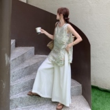 时尚拼色印花圆领无袖上衣淡人两件套2025夏季简约纯色阔腿裤套装，女装套装/套裙，2C166