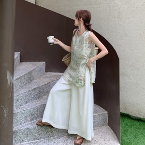 时尚拼色印花圆领无袖上衣淡人两件套2025夏季简约纯色阔腿裤套装图片