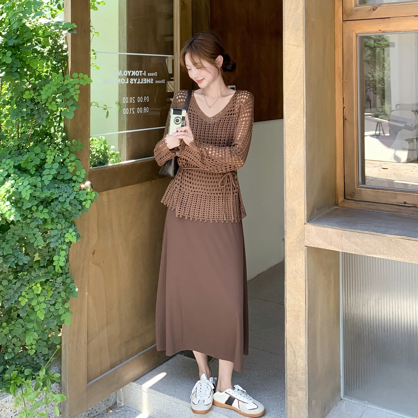 时尚套装女镂空针织衫吊带连衣裙春秋装搭配罩衫两件套装裙,女装连衣裙,2C166