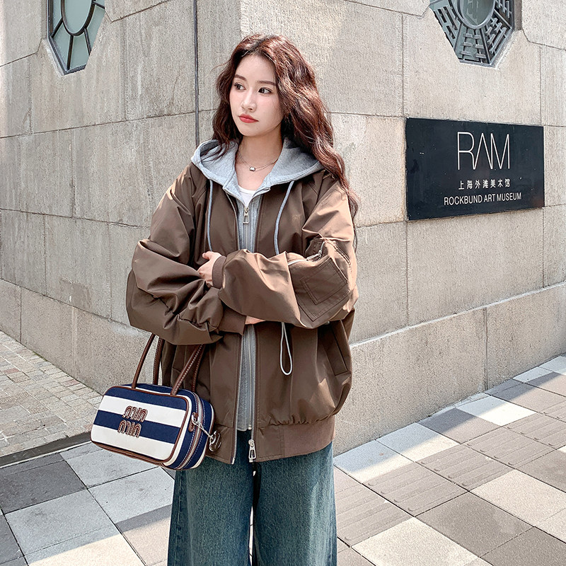 咖色假两件连帽休闲外套女春秋2025新款学院风气质流行爆款巨好看,女装短外套,2C125