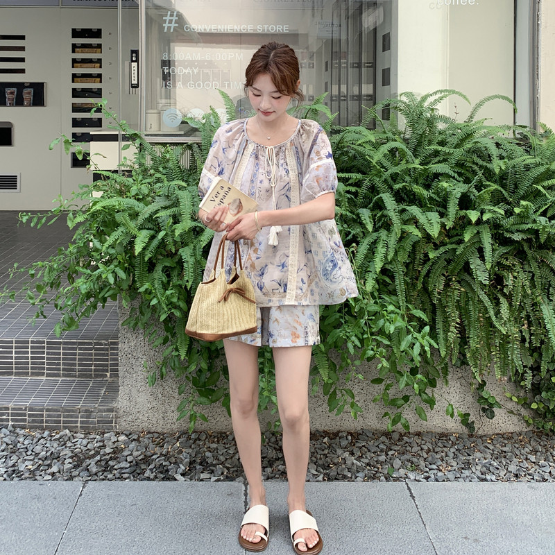 大货已出25夏装新款晕染花色度假风短裤套装宽松慵懒风套装女,女装套装/套裙,衣珂纱朗