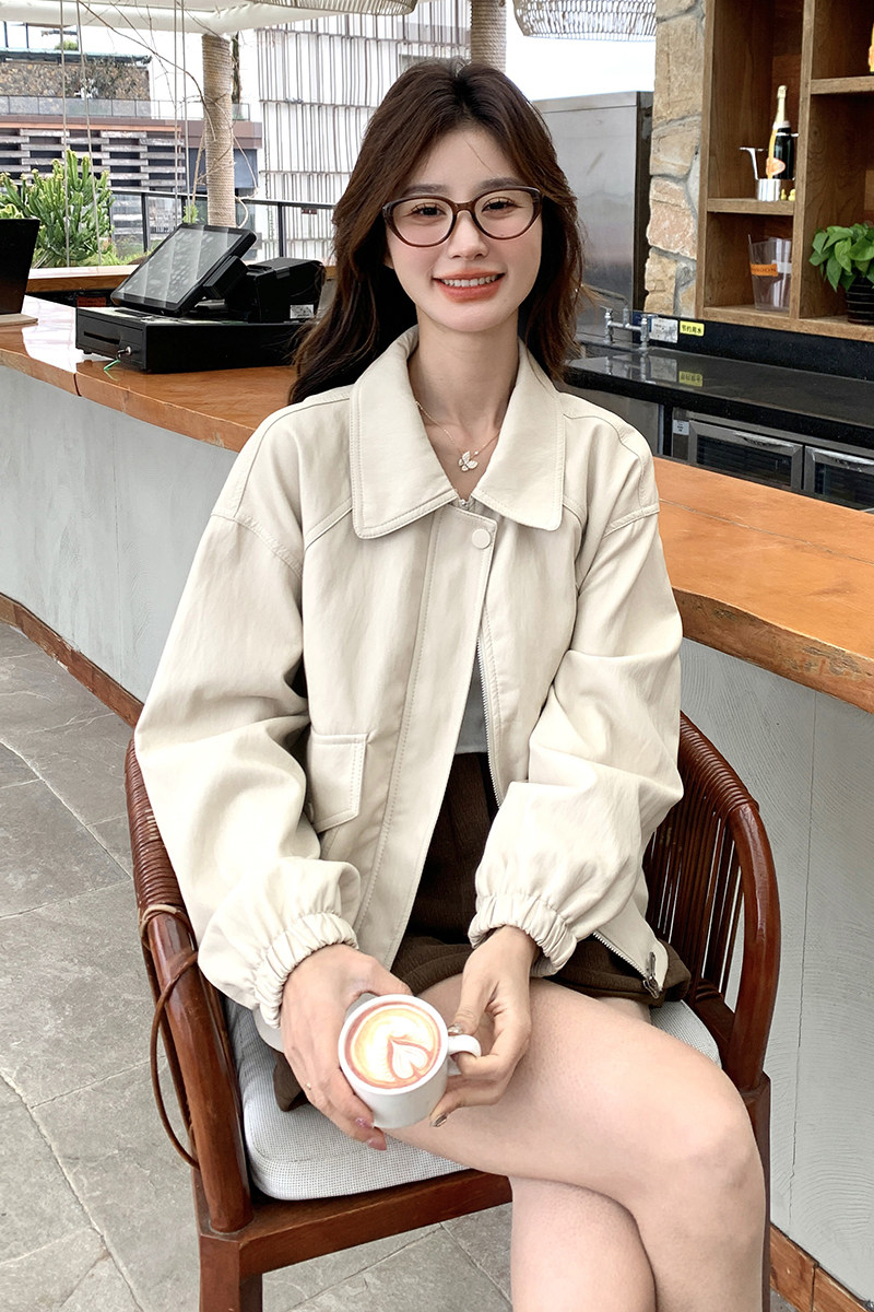 米白色甜酷休闲工装外套女2025春秋季新款韩系高级感短款夹克上衣,女装短外套,2C166