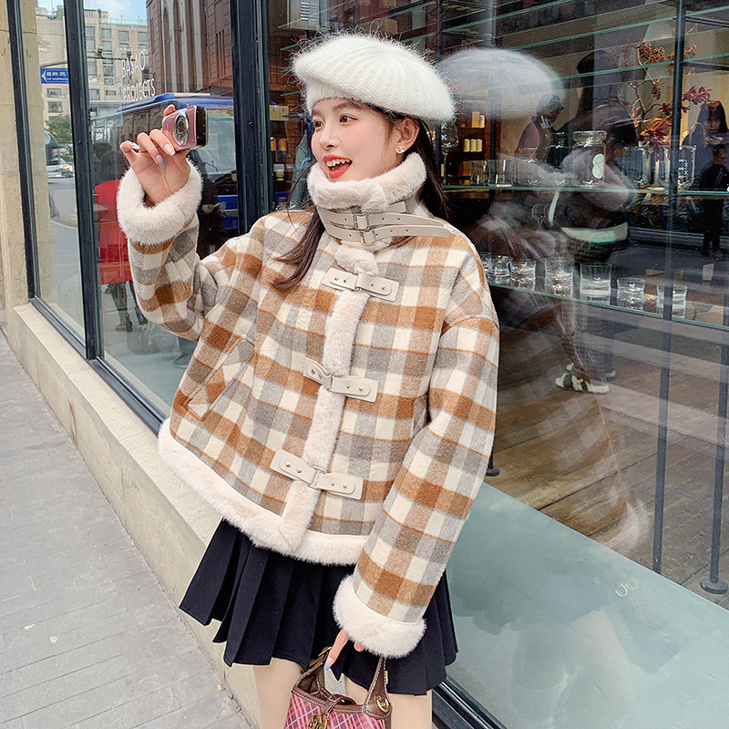新品格子皮毛一体短款外套2531-P195-K288,女装派克服,2C159