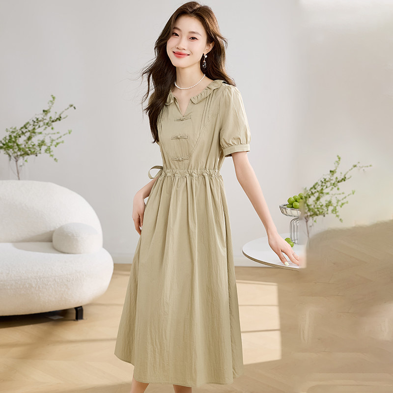 纯棉新中式连衣裙女2025新款夏季风盘扣收腰显瘦减龄中长款裙子,女装连衣裙,1D073