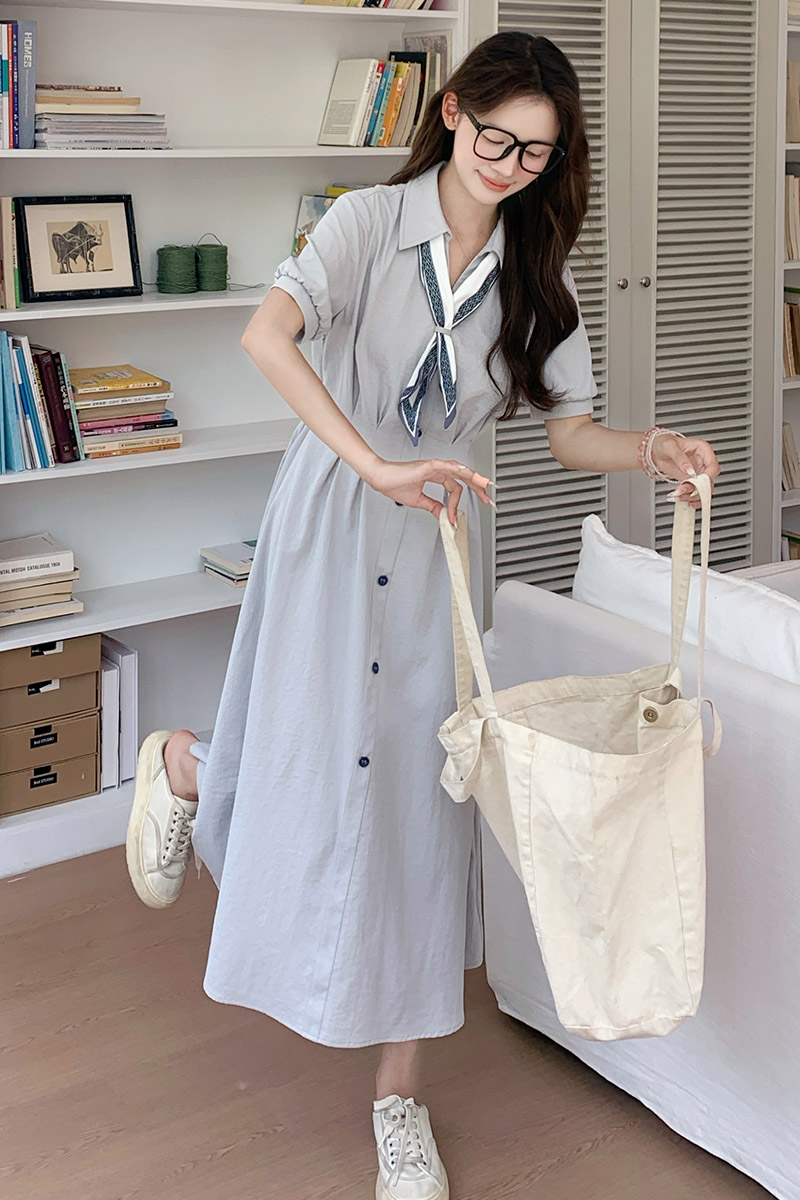 2025年新款韩版学院风polo领丝巾高腰显瘦连衣裙A字裙女,女装连衣裙,2C238