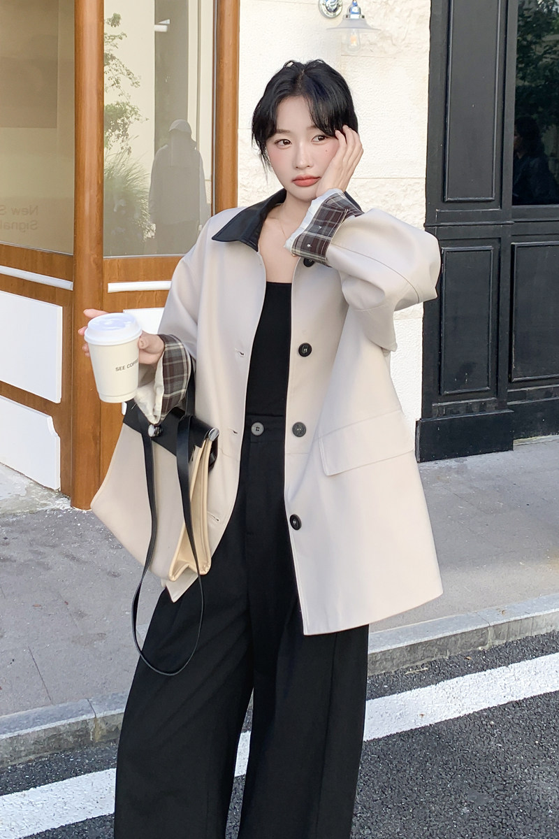 撞色格子拼接风衣外套女2025秋季新款韩系设计感气质百搭显瘦大衣,女装风衣,2C092