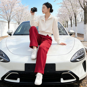 韩版时尚气质套装女春新款修身显瘦杏色立领短款卫衣阔腿裤两件套图片