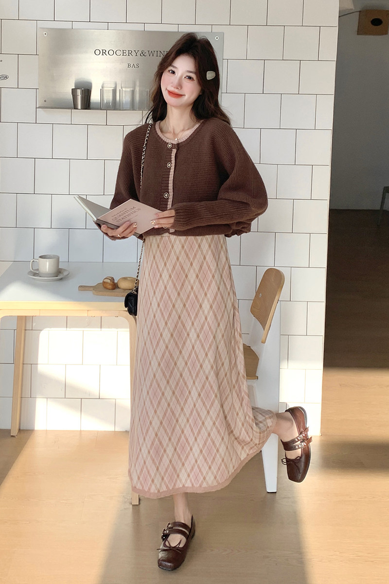 针织开衫格纹吊带连衣裙两件套女2025早春新款法式气质针织套装潮,女装套装/套裙,2C212