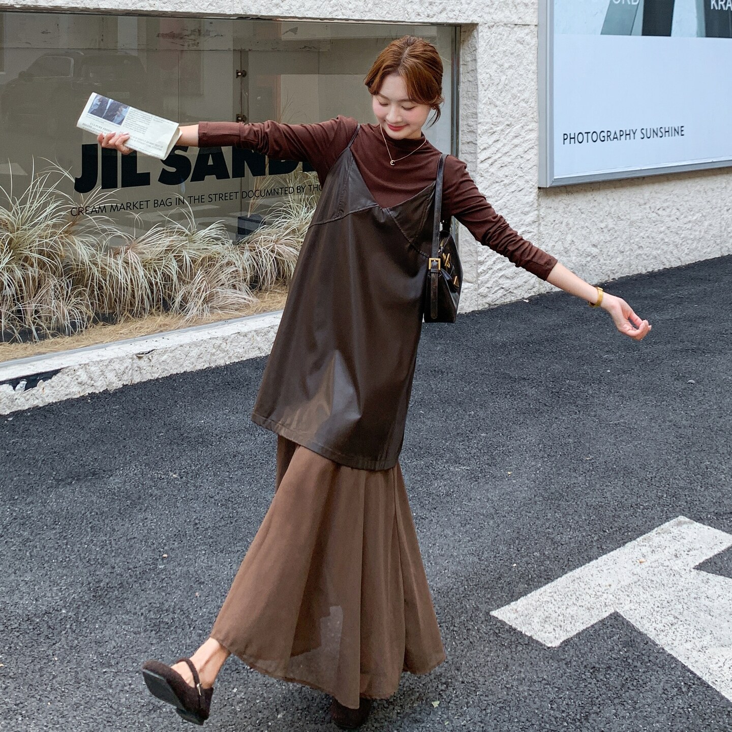 美拉德复古拼接PU皮吊带连衣裙两件套女2025秋新款气质显瘦打底衫,女装套装/套裙,2C113