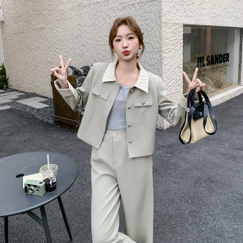 职业通勤穿搭米灰色套装女初春秋超火好看高级感外套阔腿裤两件套,女装套装/套裙,2C266