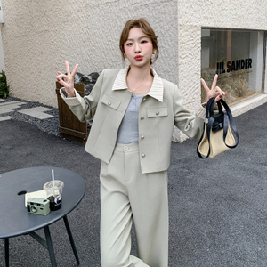 职业通勤穿搭米灰色套装女初春秋超火好看高级感外套阔腿裤两件套图片
