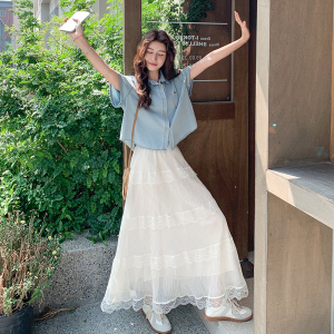 盐系穿搭减龄牛仔套装女2025夏新款宽松休闲短袖衬衫半身裙两件套图片