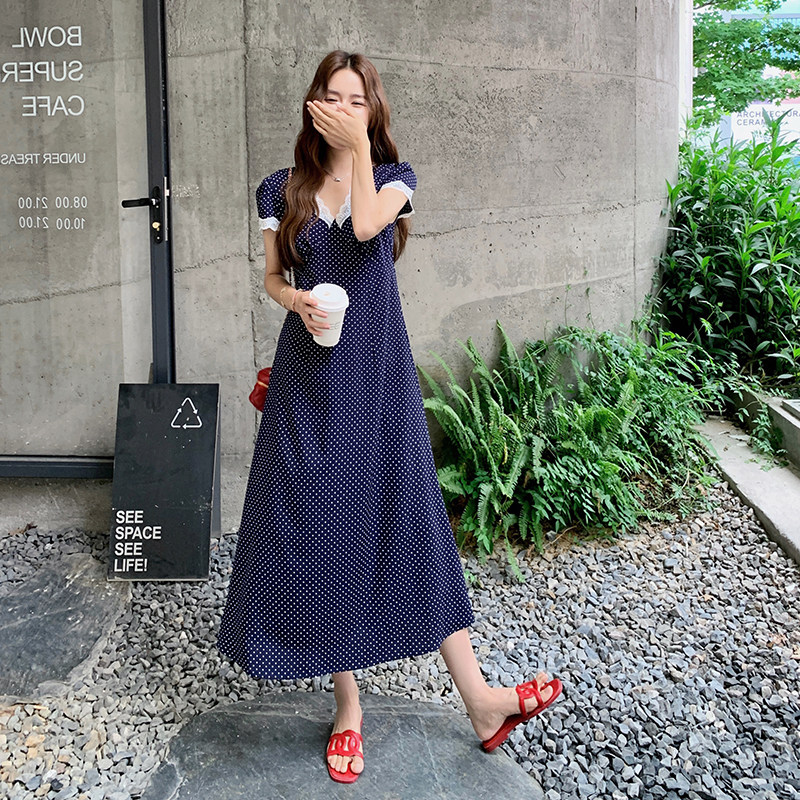 韩版蕾丝花边波点连衣裙女夏季2025新款温柔复古高级感收腰裙子,女装连衣裙,2C009