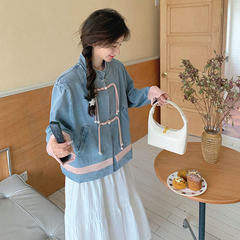 新中式国风牛仔外套女2025年春季新款设计感小众网红炸街夹克上衣,女装短外套,2C177