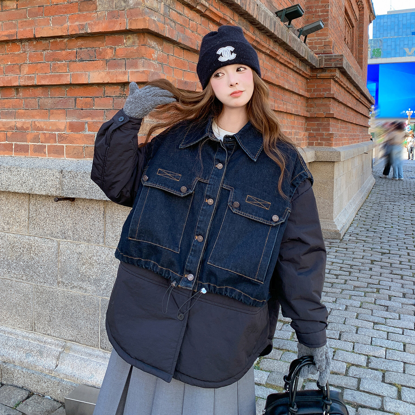 牛仔拼接假两件棉服外套女2025冬季新款美式复古宽松中长款大衣潮图片