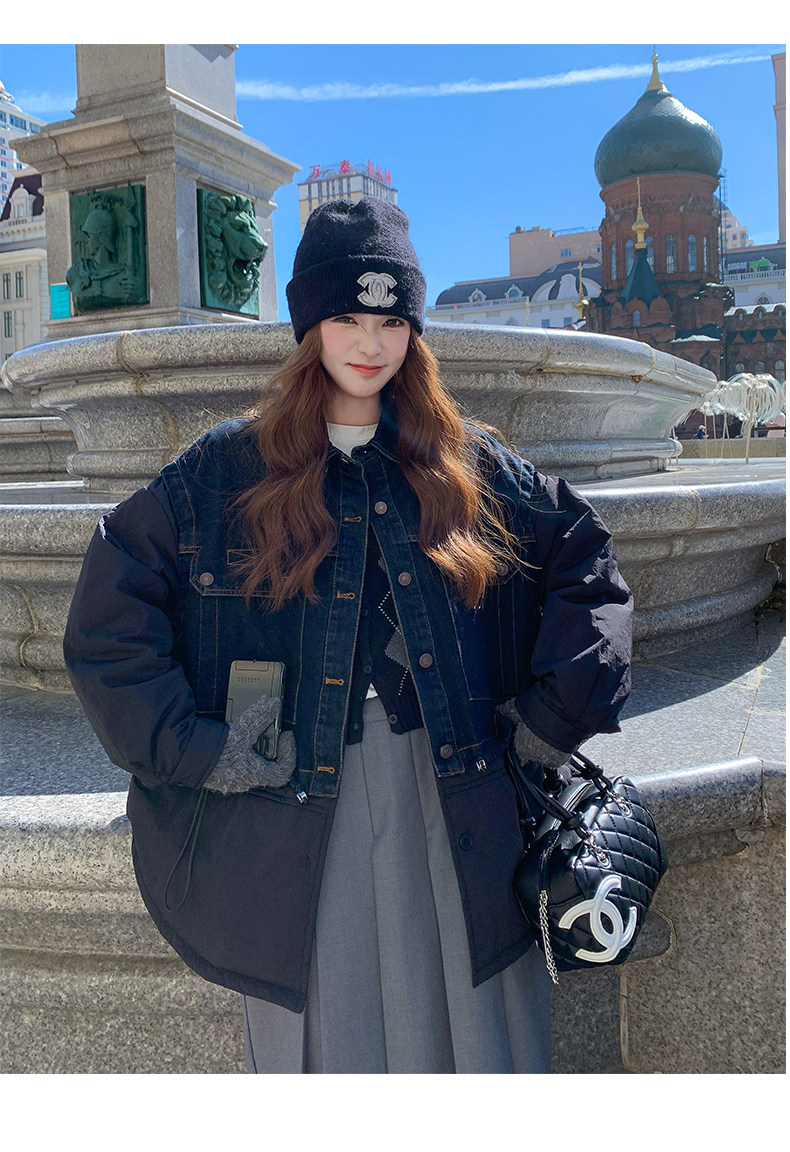 牛仔拼接假两件棉服外套女2025冬季新款美式复古宽松中长款大衣潮图片