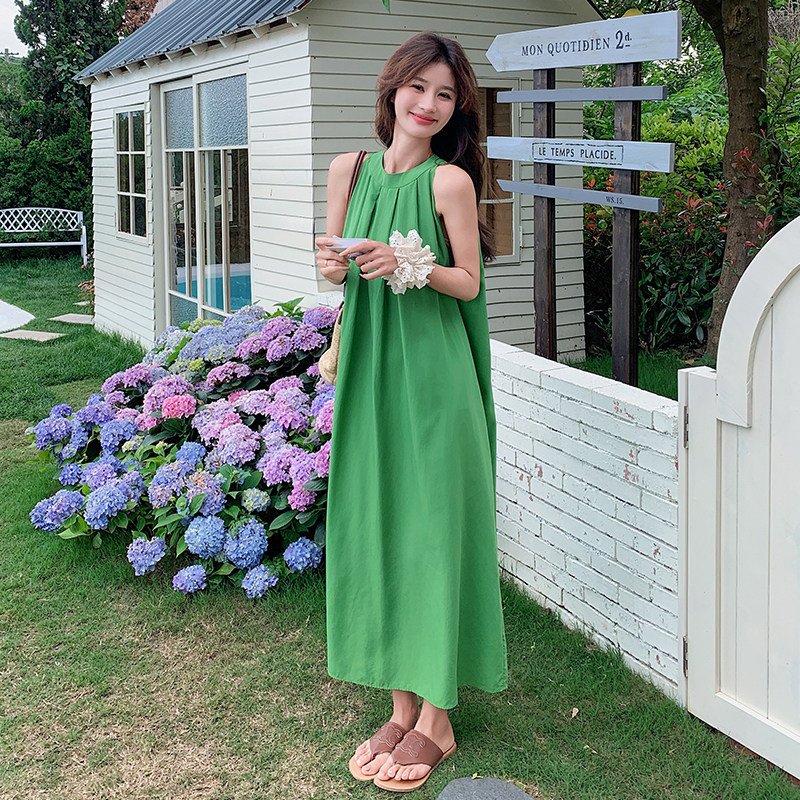 挂脖无袖欧式少女风夏季连衣裙法式长裙时尚大码宽松显瘦气质夏季,女装连衣裙,2C131