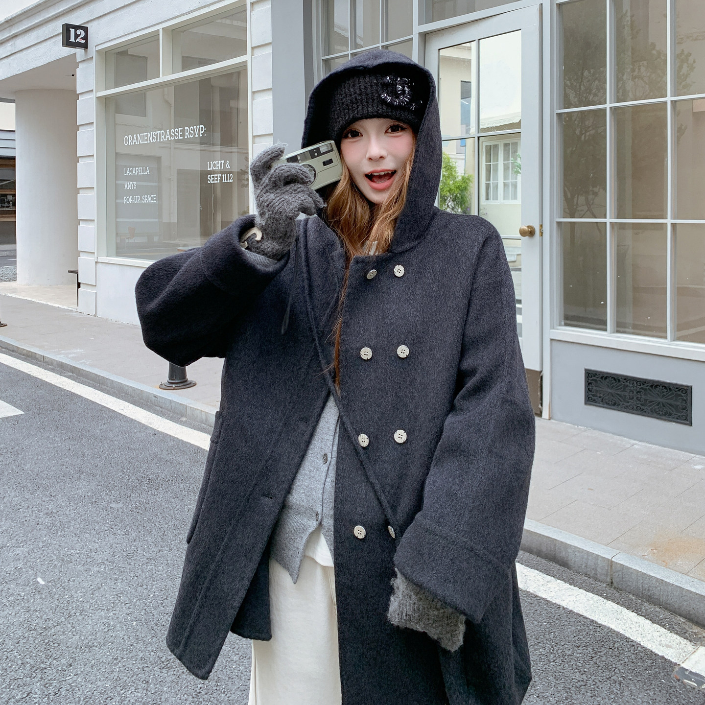 现货韩系学院风连帽双面羊毛大衣外套女2C325-567P275K398送包包,女装毛呢外套,2C325