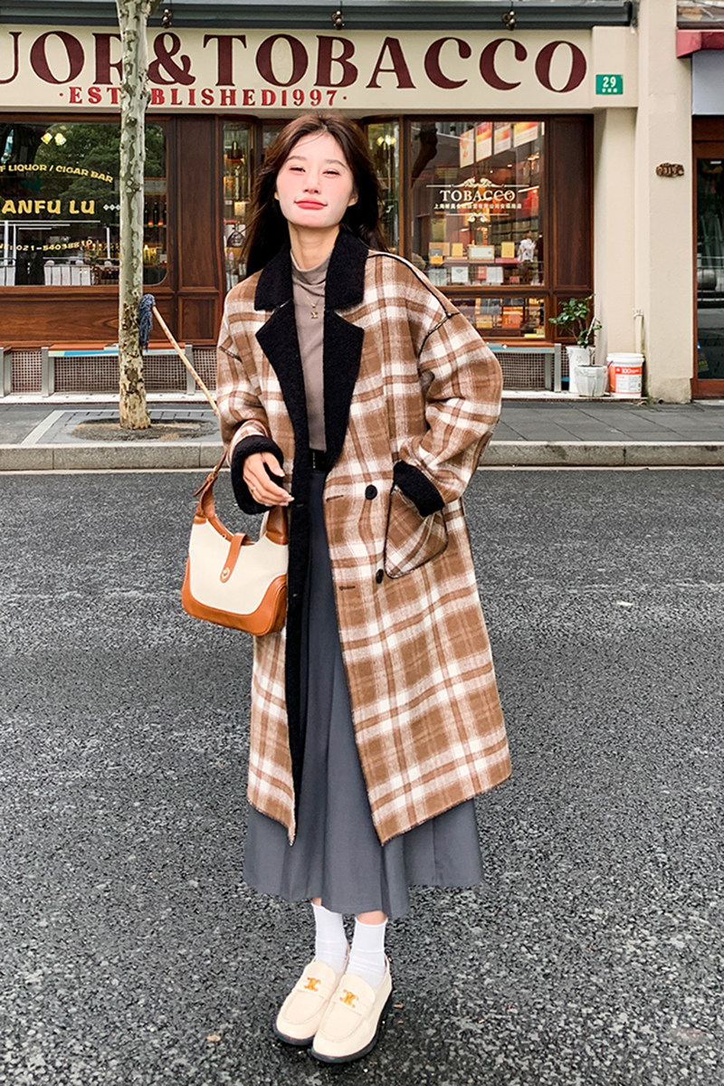 现货，设计感长款复合加厚宽松格子羊羔毛大衣2363P175K258,女装风衣,2C029