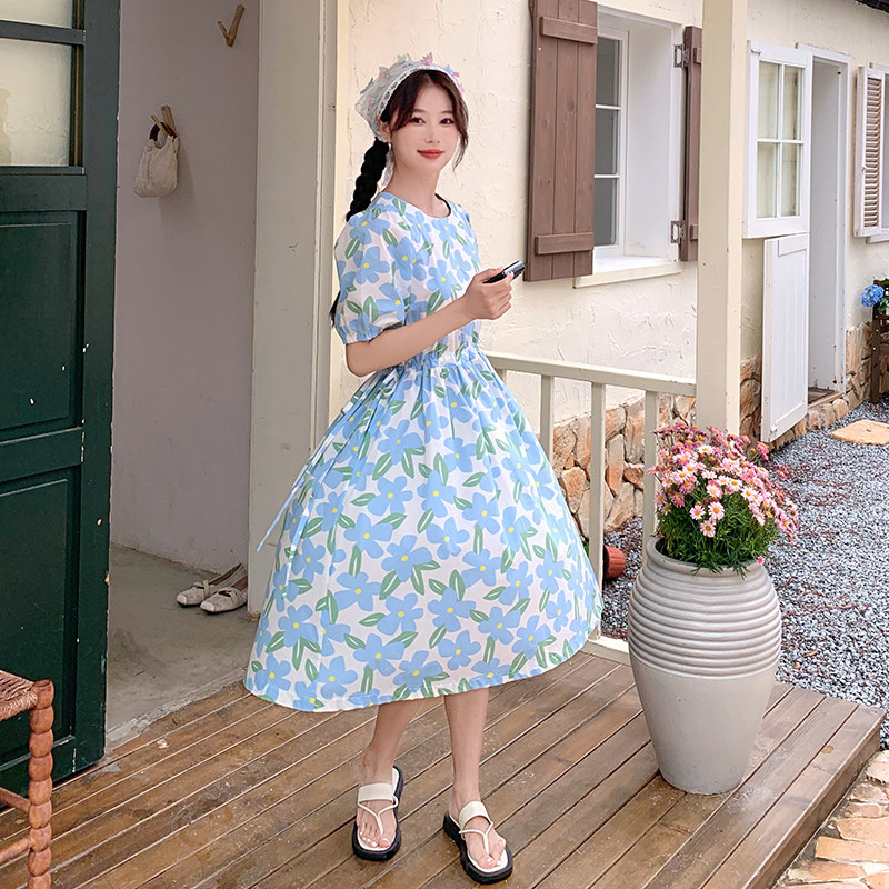 纯棉碎花连衣裙女2025年夏季新款高端气质系带收腰显瘦中长款裙子,女装连衣裙,幸运星