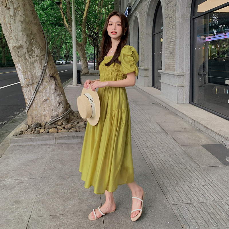 现货法式方领收腰天丝连衣裙C155,女装连衣裙,2C029