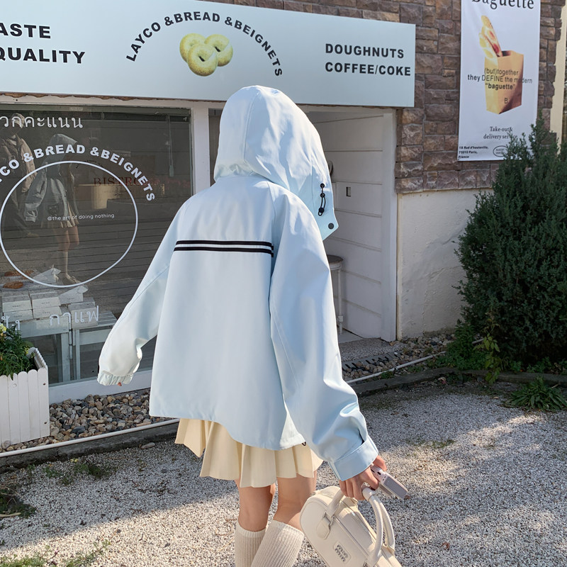 蓝色连帽工装外套女2025春季新款学院风超好看小个子减龄夹克上衣,女装风衣,2C266