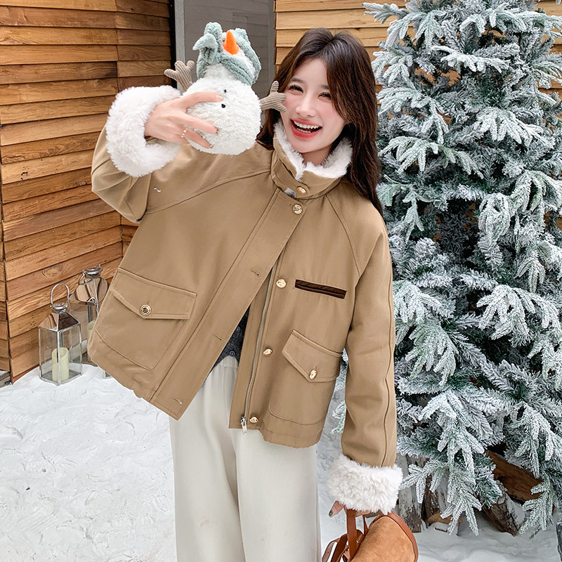 卡其色羊羔毛羽绒服女短款冬季新款韩系减龄加厚小个子白鸭绒外套,女装羽绒服,2C230