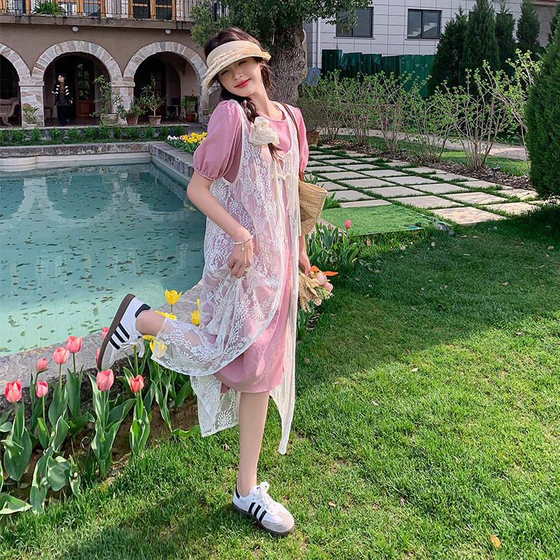 粉色温柔风套装裙女2025年夏季新款泡泡袖连衣裙蕾丝背心裙两件套图片