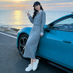 高端轻奢撞色拼接衬衫领卫衣套装女秋季新款时尚休闲半身裙两件套图片