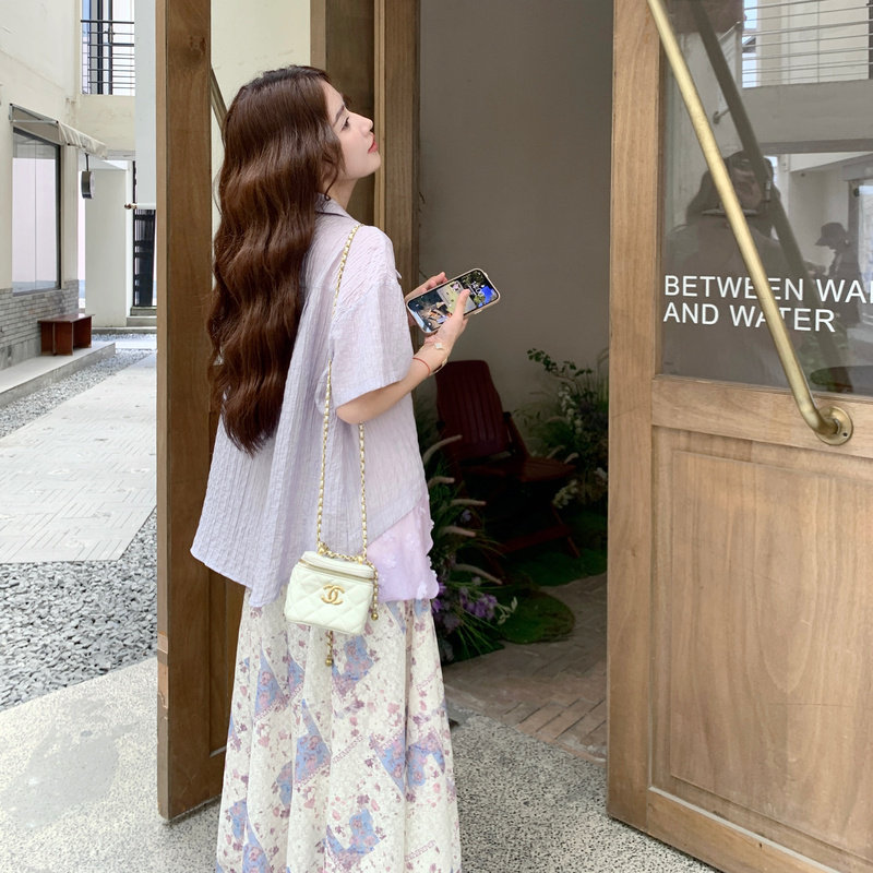 紫色衬衫碎花半身裙套装女夏2025新款流行超火爆款两件套巨好看,女装套装/套裙,2C117