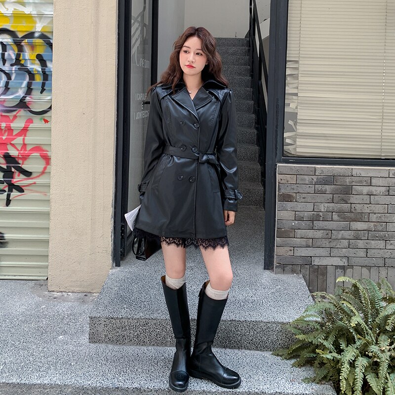 黑色甜酷机车风女神范皮衣外套女2025秋新款百搭收腰系带PU皮夹克,女装皮衣,2D036